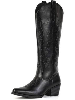 Women's Black Embroidered Pull On Casual Low Heel Pointed Toe Cowgirl Boots